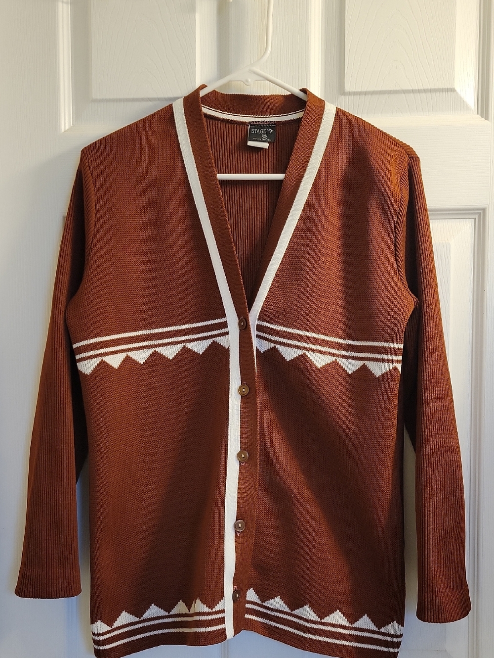 Vintage Stage 7 Polyester Ribbed Cardigan Sienna Brown/White Trim Sz Small